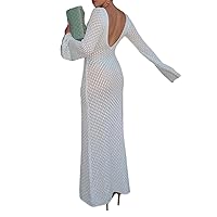 MA&BABY Women's Elegant Bodycon Long Dress Retro Crochet Knit Hollow-Out Backless V-Neck Long Sleeve Tight Dresses