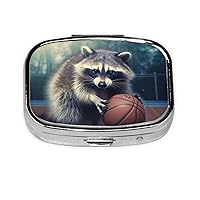 Funny Raccoon Basketball Print Pill Box Square Metal Pill Case with 2 Compartment Portable Travel Pillbox Cute Mini Medicine Organizer for Pocket Purse