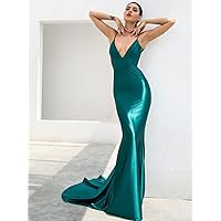 Dresses for Women - Ruched Detail Backless Floor Length Slip Dress (Color : Teal Blue, Size : X-Small)