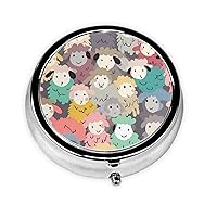 Cute Colorful Sheep Cartoon Pattern Pill Box Metal Round Small Pill Case Cute 3 Compartment Pill Organizer Portable Travel Pillbox Mini Pill Container Holder for Daily Medicine Supplement Vitamin