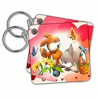 3dRose Key Chains Two playful bunny rabbits on a Easter egg hunt with butterfly help (kc-167129-1)