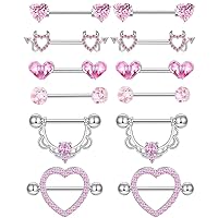 TIANCI FBYJS 6 Pairs Nipple Rings Stainless Steel Heart Butterfly Moon Flower CZ Stud Barbell Tongue Rings Set Cute Nipplerings Piercing Jewelry for Women Pink Tone
