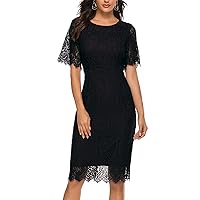 MEROKEETY Women's Short Sleeve Lace Floral Cocktail Dress Crew Neck Knee Length for Party