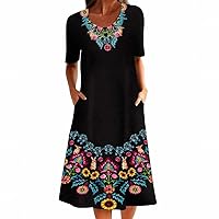 XJYIOEWT Long Sundresses for Women 2024 Plus, Women's Trend Positioning Printing Round Neck 5/4 Sleeve Pocket Dress Dre