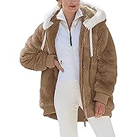 TUNUSKAT Plus Size Winter Jackets For Women Warm Fleece Hoodie Loose Comfy Cute Sherpa Coat Zip Up Fuzzy Sweatshirt Outwear