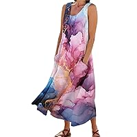 Summer Dresses for Women 2024 Vacation Sleeveless Graphic Print Beach Sundress Casual Baggy Linen Maxi Dress with Pocket