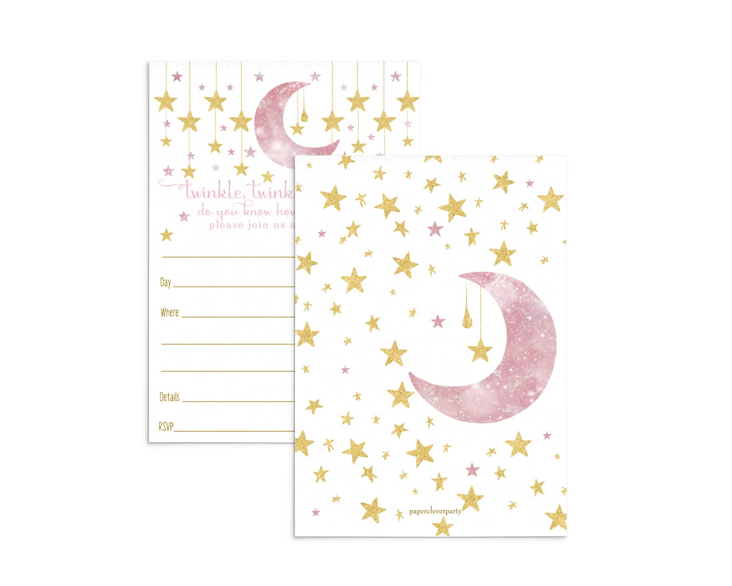 Paper Clever Party Twinkle Little Star Invitations and Envelopes (15 Pack) Blank Invites for Girls Baby Shower, Reveal, Sprinkle – Celestial Theme Design Pink and Gold - Printed 4x6 Size Card Set