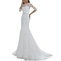 Beaded Sash Half Sleeve White Mermaid Lace Wedding Dress with Sleeve