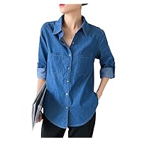 Spring Autumn Women Solid Color Basic Shirt Turn-Down Collar Long Sleeves Pocket Blouse Loose Thin Denim Casual Tops
