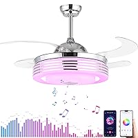 MoreChange 42” Modern Retractable Bluetooth Ceiling Fans with Lights and Remote Control, Invisible Ceiling Fans Chandelier Lighting with Speaker Play Music 7 Colorful Dimmable Fixture for Living room