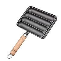 Paella Pans Cast Iron Grill Pan Safe 4-Grid Non Stick Quick Heating Sausage Pan with Wood Handle Anti Scald Stovetop Grill Non Slip Sturdy Sausage Grill for Home Outdoor