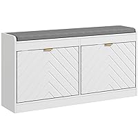 Shoe Bench, Entryway Bench with 2 Flip Drawers, Seating Cushion, and 2 Vents for 8 Pairs of Shoes for Hallway, White