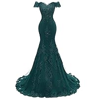 Tsbridal Women's Off Shoulder Evening Gown Lace Mermaid Beading Sequins Appliques Prom Dresses Sweetheart Sleeves