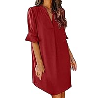 Women's V Neck Tunic Dress Loose Summer Casual Shirt Dress Ruffle Sleeve Mini Dress(Red,Large)