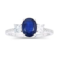 14K White Gold 0.054cttw Round Diamonds & 8x6mm Oval Blue Sapphire/3mm Princess White Sapphire Ring