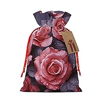 BONDIJ Red Roses Floral Christmas Gift Bags Reusable Christmas Drawstring Bags with Kraft Tags Xmas Party Favor Bags for Holiday Wrapping Presents