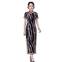 Cheongsam Dresses Silk Stripe Printed Mock Neck Oblique Placket Short Sleeve Long Qipao 3217XXL