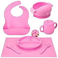 Baby Feeding Utensils Set, 7 Pcs Silicone Toddler Eating Supplies - Adjustable Bibs, Suction Divided Plate, Placemat, Suction Bowls, Straw Sippy Cup, Etc - Baby Led Weaning Supplies