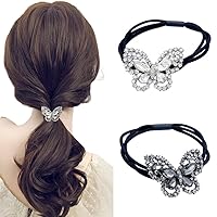 2Pcs Elegant Women Girls Hair Scrunchies Crystal Rhinestone Butterfly Hair Ties Bands Accessories Ponytail Holder