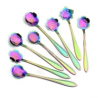 8 Pcs Coffee Spoons Stainless Steel Reusable Flower Teaspoons Rainbow Set dessert Stir Sticks 4.9in - Rainbow