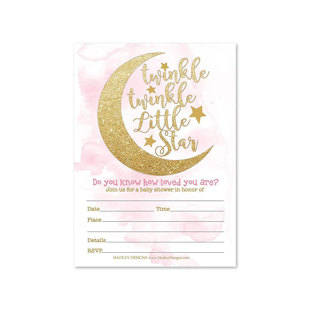 25 Twinkle Twinkle Girl Baby Shower Invitations, 25 Baby Shower Diaper Raffle Tickets For Baby Shower Girl, Moon Clouds Fill or Write in Blank Card, Diaper Raffle Cards, Baby Shower Invitation Inserts