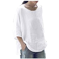 Womens 3/4 Sleeve Tops Shirts 2024 Summer Crewneck Linen Quarter Sleeve Shirts Plus Size Casual Beach Tee Blouses