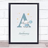 The Card Zoo New Baby Birth Details Christening Nursery Blue Elephant Initial A Gift Print