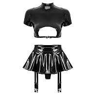 ACSUSS Womens Crop Top with Mini Skirt 2Pcs Lingerie Set Cutout Patent Leather Top Panty Set