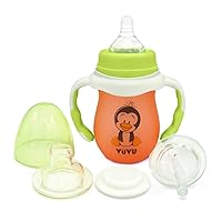 4 in 1 Glass Baby Bottle, Sippy Spout, Straw Cup | Anticolic Silicone Nipple, Removable Handle | Baby Gift Set | 6oz/180ml (Orange/Green), NB, 0M, 3M, 6M,12M+