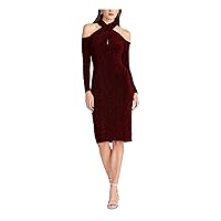 Rachel Roy Womens Cold Shoulder Glitter Crisscross-Halter Keyhole Long Sleeve Halter Midi Party Sheath Dress