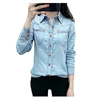 Spring Autumn Women Cotton Pocket Turn-Down Collar Blouse Long Sleeve Blue Denim Shirt Casual Tops