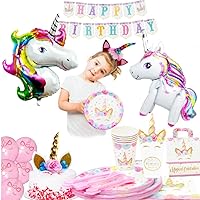 Unicorn Party Supplies 197 pc Set with Unicorn Themed Party Favors! Pink Unicorn Headband for Girls, Birthday Party Decorations, Unicorn Balloons, Pin The Horn on The Unicorn Game and More| Serve 16