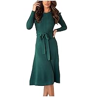 Holiday Outfits for Women Sweater Women Midi Sweater Dress Dressy Ribbed Knit Dresses Crewneck Long Sleeve Solid Knitted Skirt Slim Lace Up Belt Prendas De Punto De Army Green