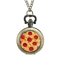 Pepperoni Pizza Vintage Pocket Watch with Chain Arabic Numerals Scale Quartz Pocket Watches Gifts for Men Women