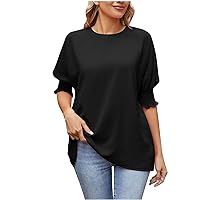 Womens Solid Color Round Neck Blouse Loose Plus Size Summer Casual Half Sleeve T-Shirt Pullover Ladies Elegant Tunics