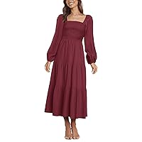 Women's 2023 Casual Long Sleeve Smocked Dresses Square Neck High Waist Flowy A Line Tiered Maxi Dress