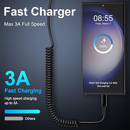 Android Auto Coiled USB C Charger Cable Fast Charging Type C Charge Cord for Cell Phone Samsung Galaxy A54/A24/A34/A23/A14/S23 S22 Ultra/S23+/A13/A53/A03S/S21,Retractable Extension USB C Cable for Car