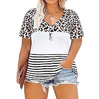RITERA Plus Size Tops for Women 3X Short Sleeve Leopard Print Striped Shirt V Neck Color Block Tshirt Button Down Tshirt Casual Summer Blouses Leopard-Striped 3XL