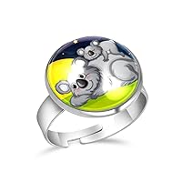 Two Bears Resting Moon Night Adjustable Rings for Women Girls, Stainless Steel Open Finger Rings Jewelry Gifts