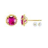 14K Yellow Gold 5mm Round Gemstone with Bead Frame Stud Earring with Silicone Back