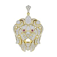 Yellow tone 925 Sterling Silver Womens Round CZ Animal Lion Face Cluster Fashion Charm Pendant Necklace Mea Jewelry for Women