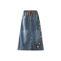 Womens Floral Embroidery Denim Skirt Elastic Waist Drawstring A Line Skirt Midi Cute Jean Half Skirt with Pockets