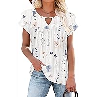 Women's Casual Dressy Short Petal Sleeve Shirts Pleated Fashion Front Key Hole Scoop Neck Floral Print Loose Fit Tops