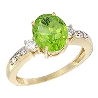 14K White Gold Natural Peridot Ring Oval 9x7 mm Diamond Accent, sizes 5 - 10
