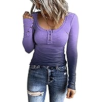 Women's 2023 Fall Long Sleeve Henley T Shirts Button Down Slim Fitted Tops Scoop Neck Ribbed Knit Casual Basic Shirts