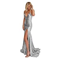 Women's Sexy Sequins Prom Dresses 2019 Long Backless Mermaid Split V-Neck Evening Gown