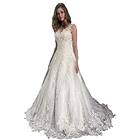 MllesReve Deep V Neck Lace Bridal Wedding Dress Low Back Aline Sweep Train Wedding Dresses for Bride