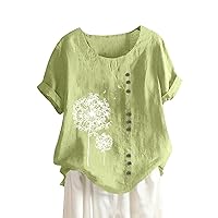 Linen Tops for Women Button Cotton Short Sleeve Round Neck Vintage and Hemp Solid T-Shirt Top