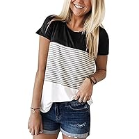 Womens Summer Color Block Striped T-Shirt Short Sleeve Loose Tunic Blouse and Tops