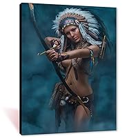 Optivixity Native American Canvas Wall Art - American Indian Girl Women Headdress Feathered Art Canvas Prints for Wall Decor, Living Room Bedroom Kitchen Decoration